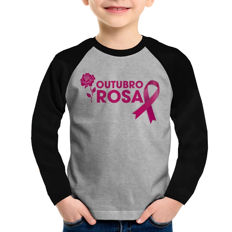 Camiseta Raglan Infantil Outubro Rosa Manga Longa - Cinza/Preto
