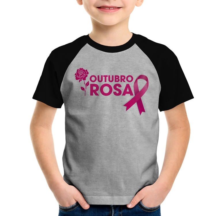 Camiseta Raglan Infantil Outubro Rosa - Cinza/Preto