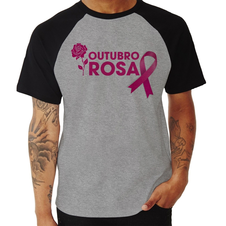 Camiseta Raglan Outubro Rosa - Cinza/Preto