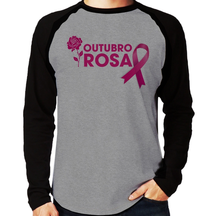 Camiseta Raglan Outubro Rosa Manga Longa - Cinza/Preto