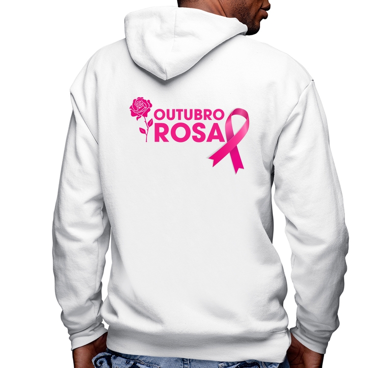 Blusa Moletom Outubro Rosa Masculina com Capuz e Zíper - Branca