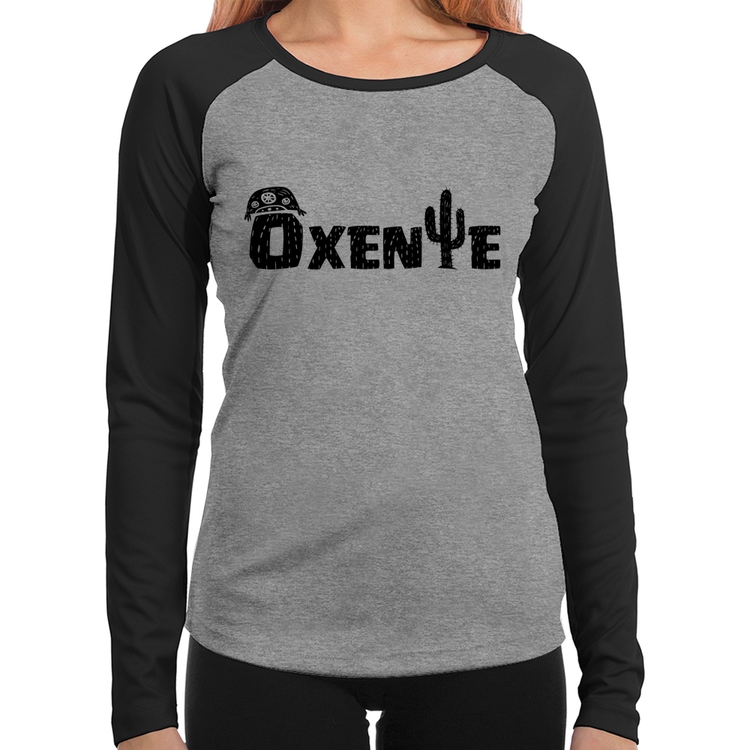 Baby Look Raglan Ôxente Nordeste Manga Longa - Cinza/Preto