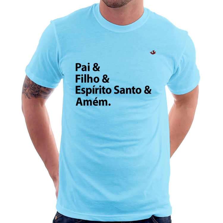 Camiseta Pai, Filho, Espírito Santo, Amém - Azul Bebê