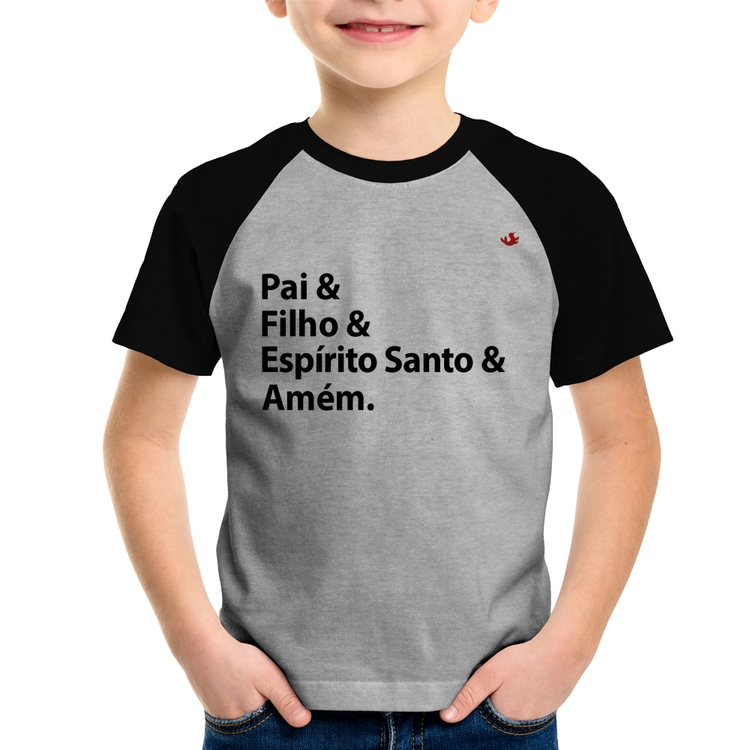 Camiseta Raglan Infantil Pai, Filho, Espírito Santo, Amém - Cinza/Preto