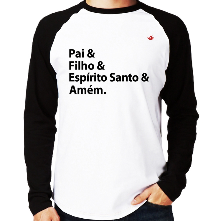 Camiseta Raglan Pai, Filho, Espírito Santo, Amém Manga Longa