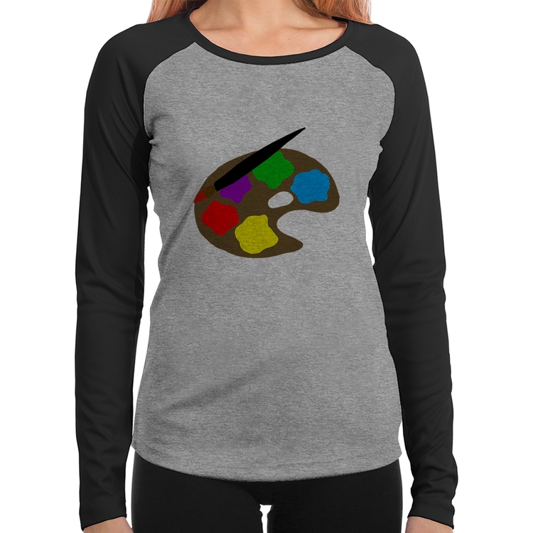 Baby Look Raglan Paint Colors Artboard Manga Longa - Cinza/Preto