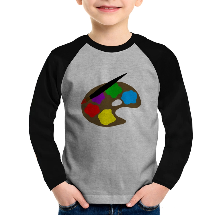Camiseta Raglan Infantil Paint Colors Artboard Manga Longa - Cinza/Preto