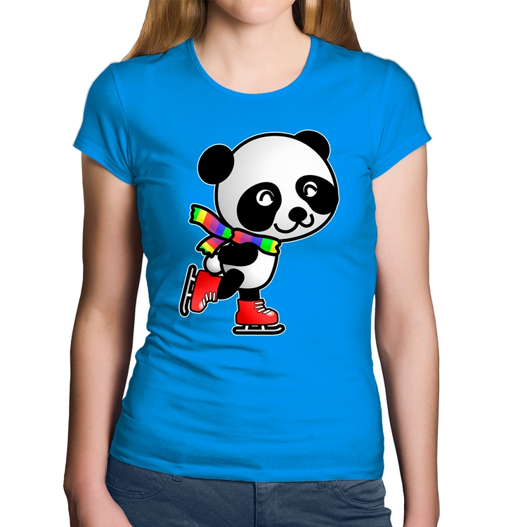 Baby Look Algodão Panda de Patins - Azul