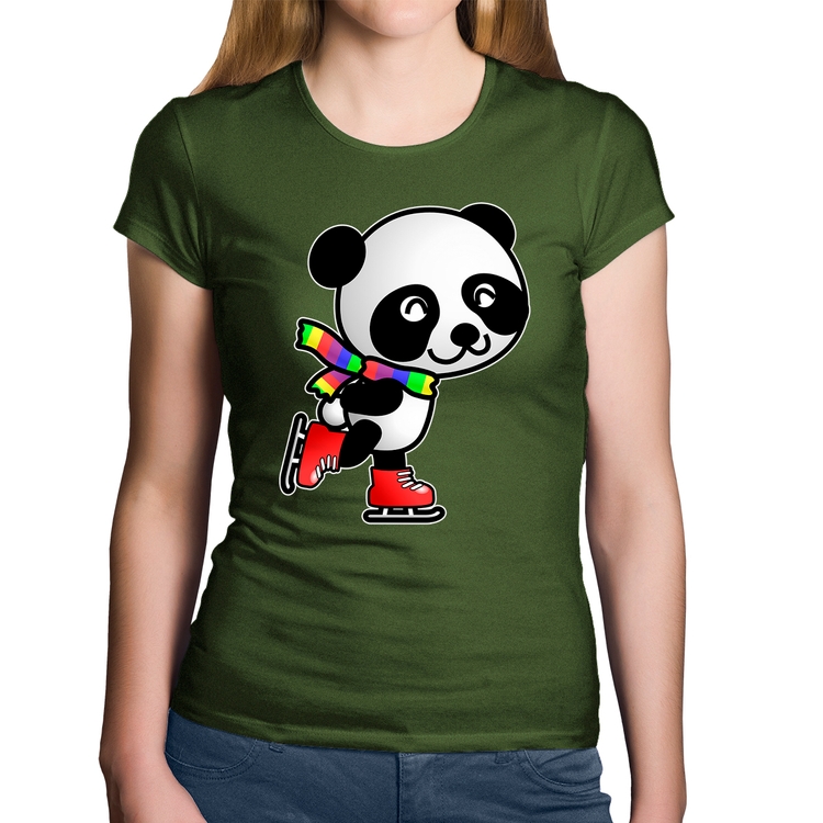 Baby Look Algodão Panda de Patins - Musgo