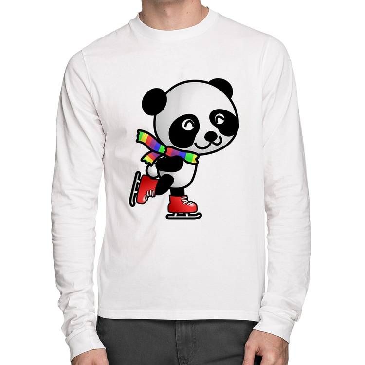 Camiseta Algodão Panda de Patins Manga Longa - Branca