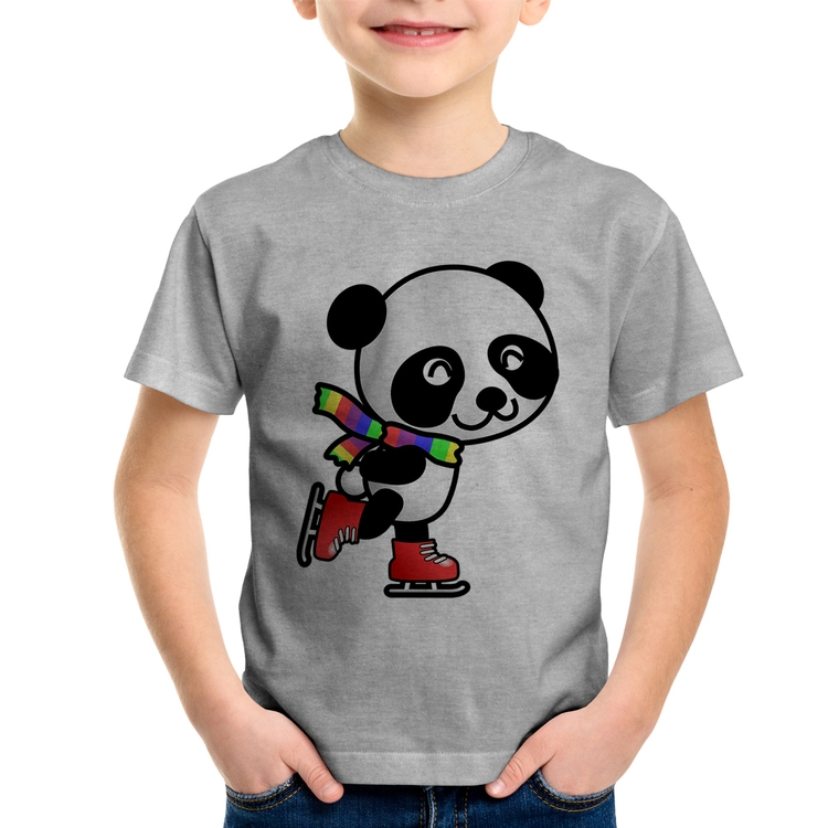 Camiseta Infantil Panda de Patins - Cinza