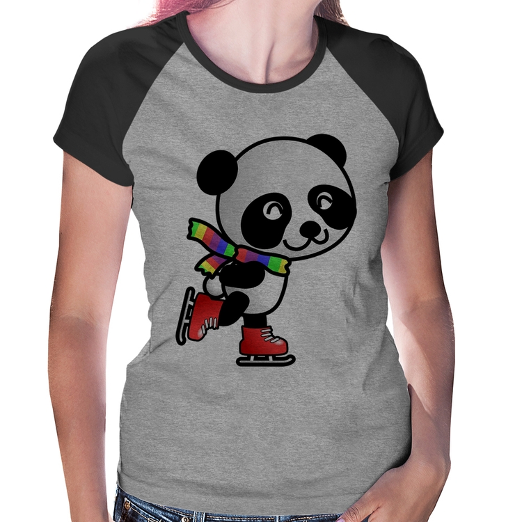 Baby Look Raglan Panda de Patins - Cinza/Preto