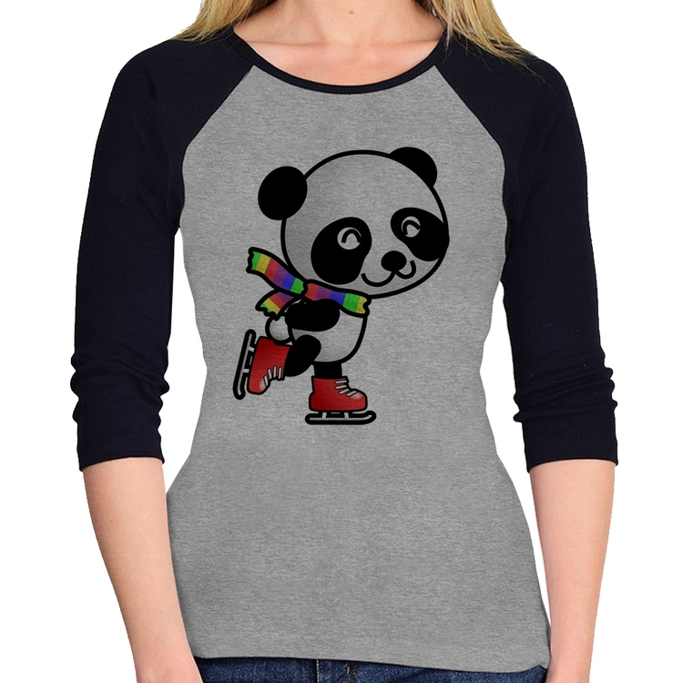 Baby Look Raglan Panda de Patins Manga 3/4 - Cinza/Preto