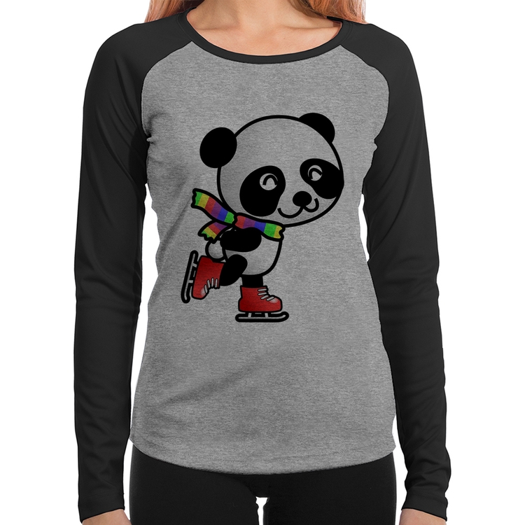 Baby Look Raglan Panda de Patins Manga Longa - Cinza/Preto