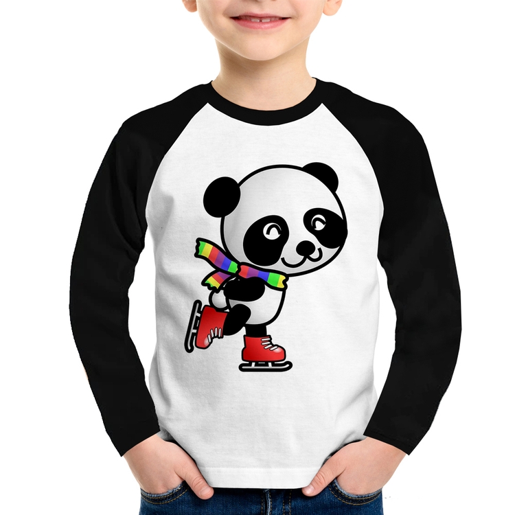 Camiseta Raglan Infantil Panda de Patins Manga Longa