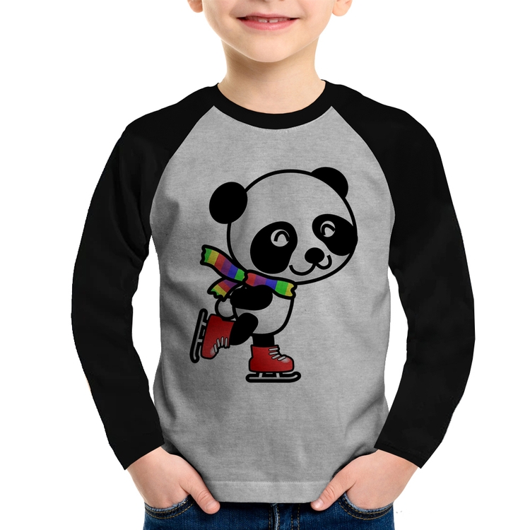 Camiseta Raglan Infantil Panda de Patins Manga Longa - Cinza/Preto