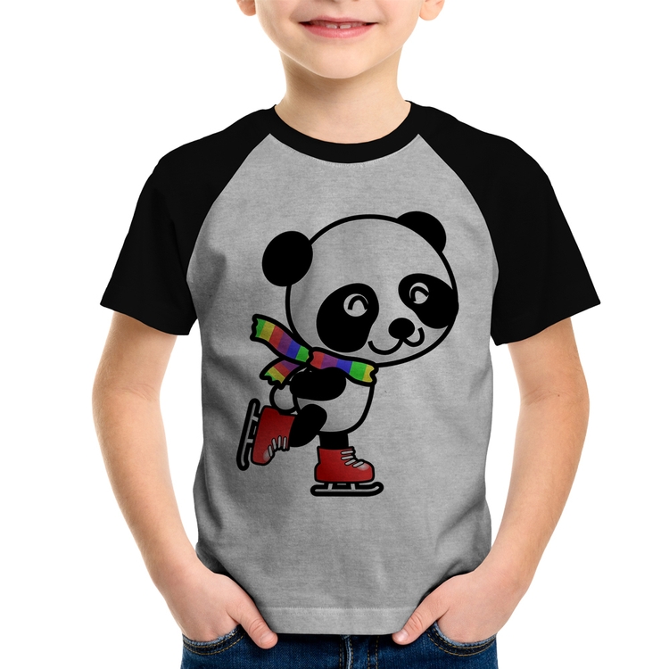 Camiseta Raglan Infantil Panda de Patins - Cinza/Preto