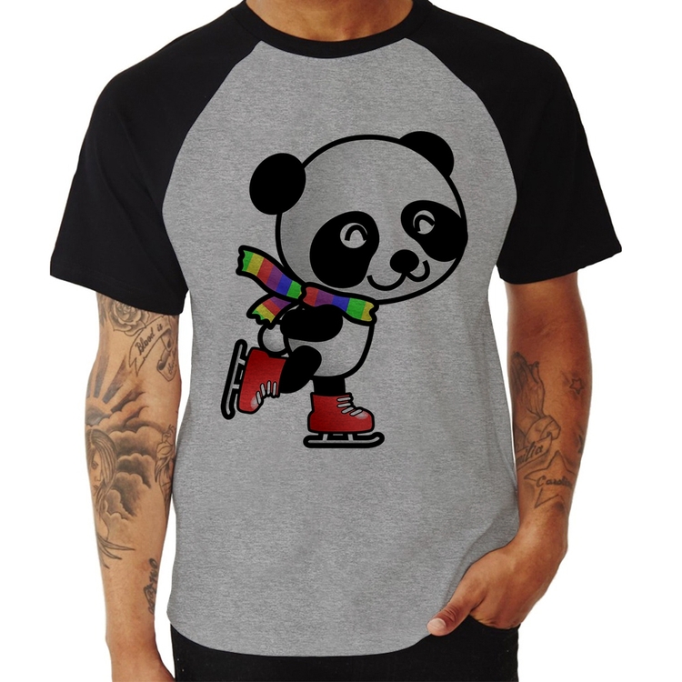 Camiseta Raglan Panda de Patins - Cinza/Preto