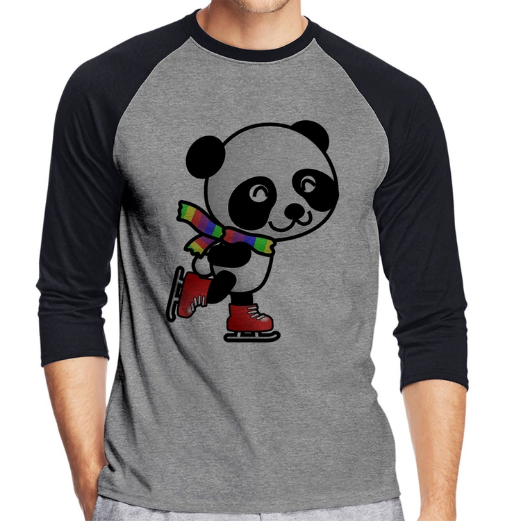 Camiseta Raglan Panda de Patins Manga 3/4 - Cinza/Preto