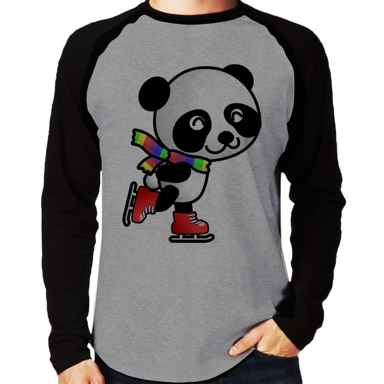 Camiseta Raglan Panda de Patins Manga Longa - Cinza/Preto