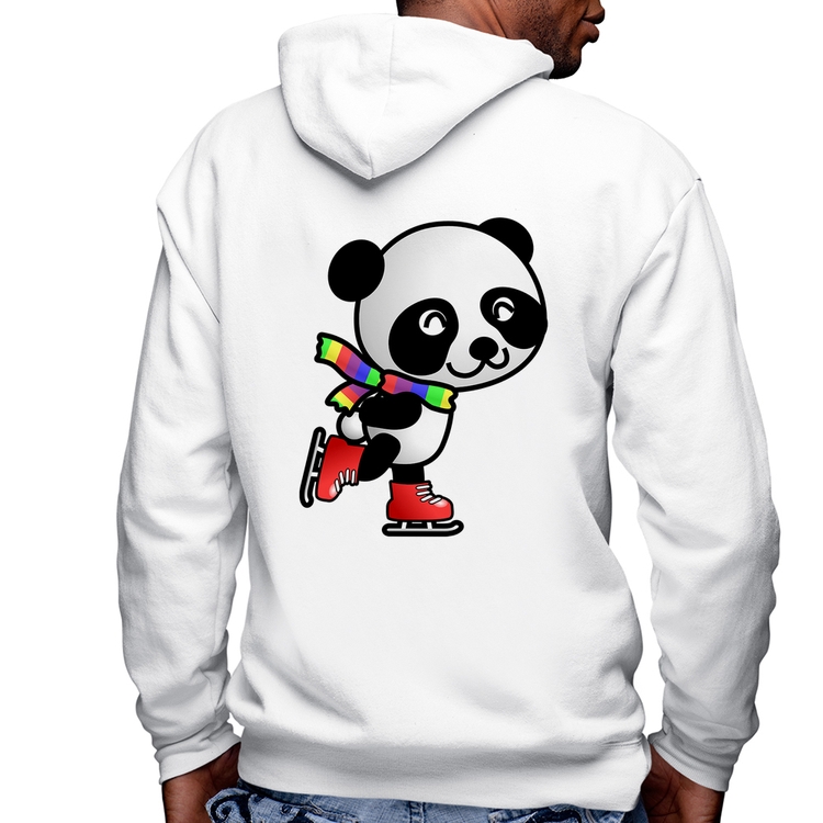 Blusa Moletom Panda de Patins Masculina com Capuz e Zíper - Branca