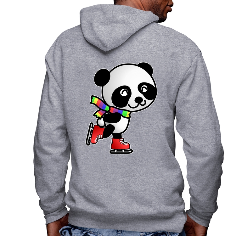 Blusa Moletom Panda de Patins Masculina com Capuz e Zíper - Mescla