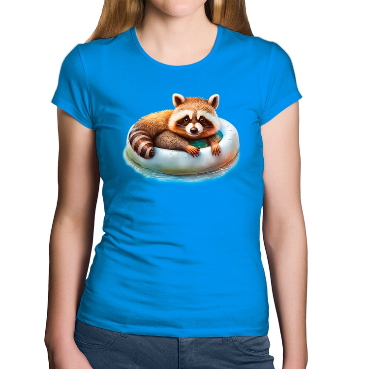 Baby Look Algodão Panda Vermelho Relaxando Na Piscina - Azul