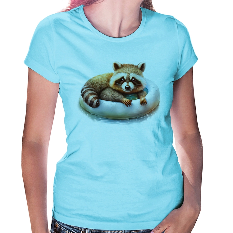 Baby Look Panda Vermelho Relaxando Na Piscina - Azul Bebê