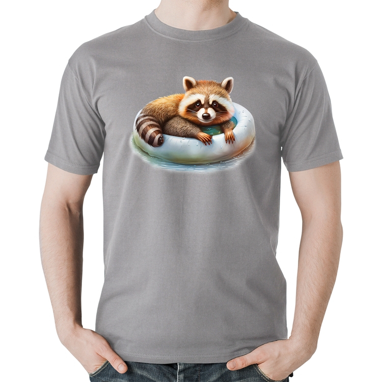Camiseta Algodão Panda Vermelho Relaxando Na Piscina - Cinza