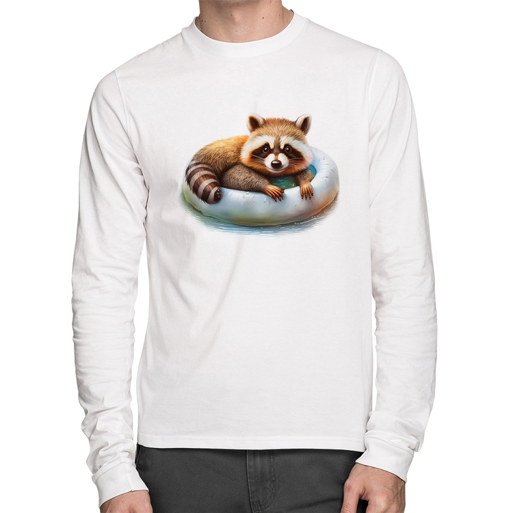 Camiseta Algodão Panda Vermelho Relaxando Na Piscina Manga Longa - Branca