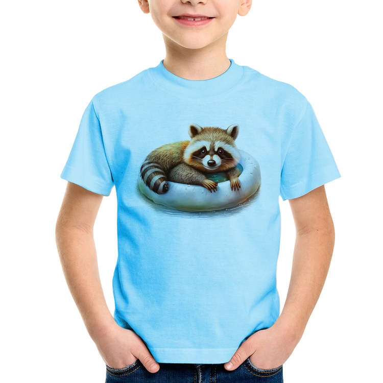 Camiseta Infantil Panda Vermelho Relaxando Na Piscina - Azul Bebê
