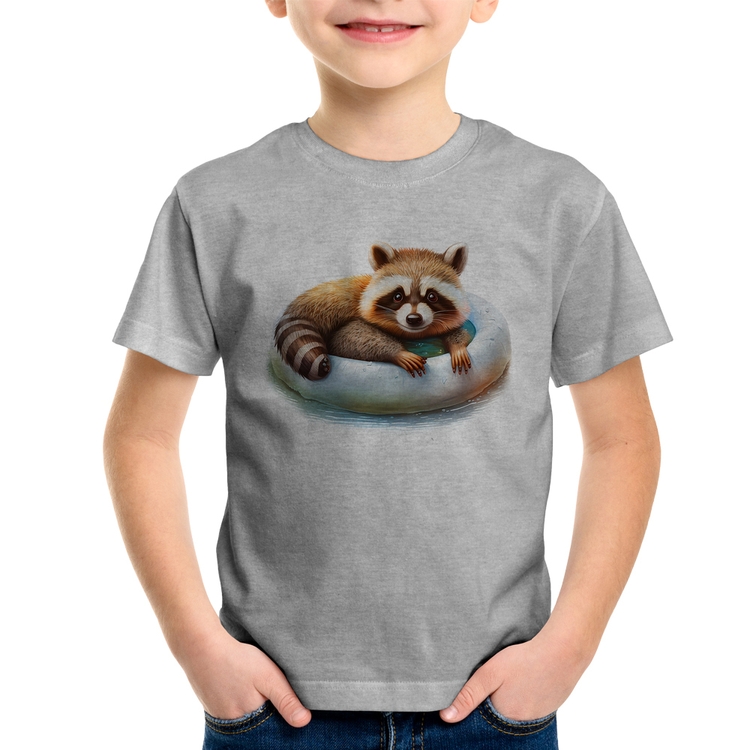 Camiseta Infantil Panda Vermelho Relaxando Na Piscina - Cinza