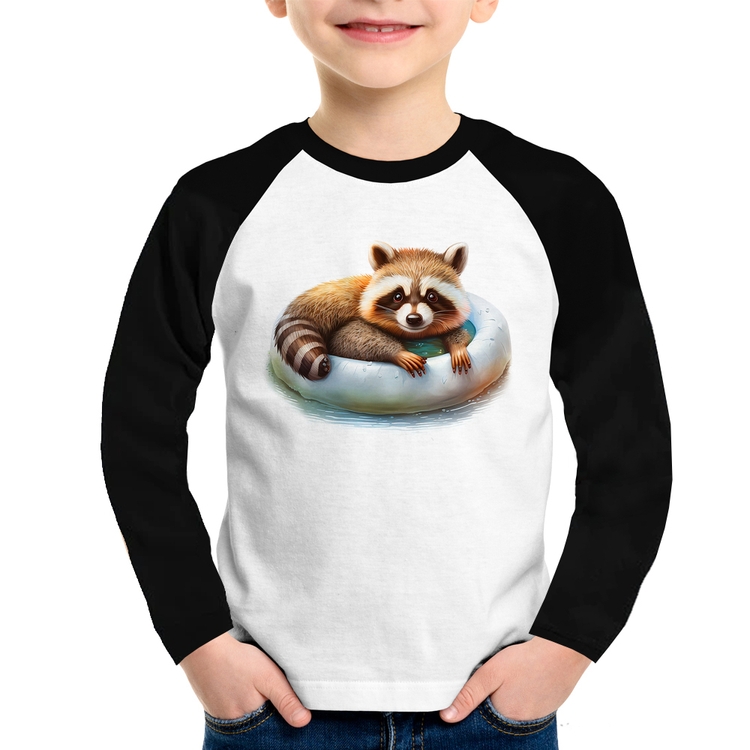Camiseta Raglan Infantil Panda Vermelho Relaxando Na Piscina Manga Longa