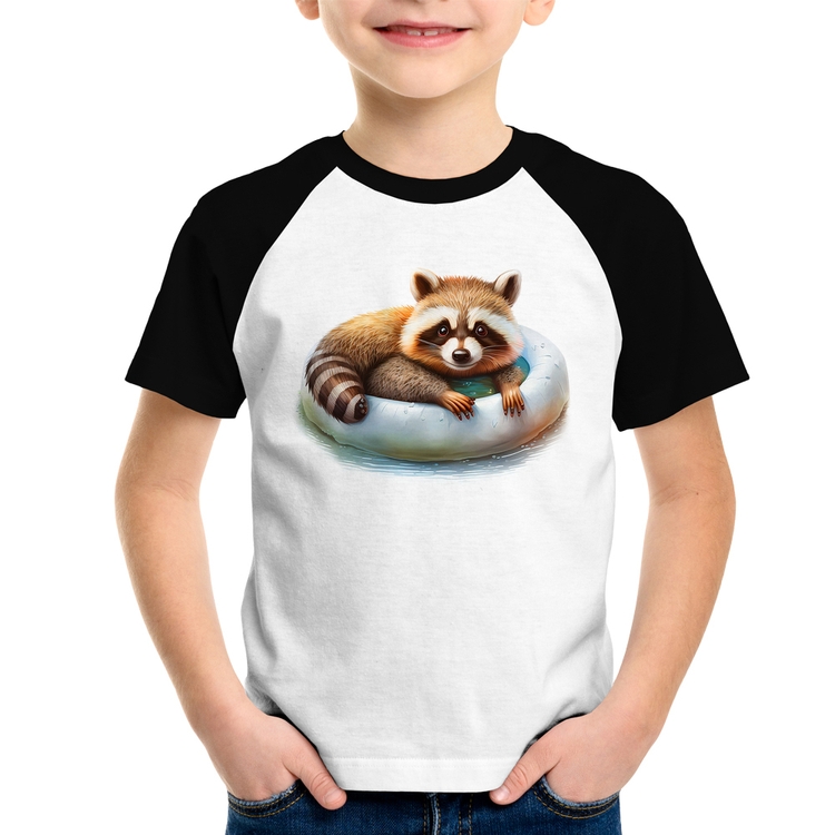 Camiseta Raglan Infantil Panda Vermelho Relaxando Na Piscina
