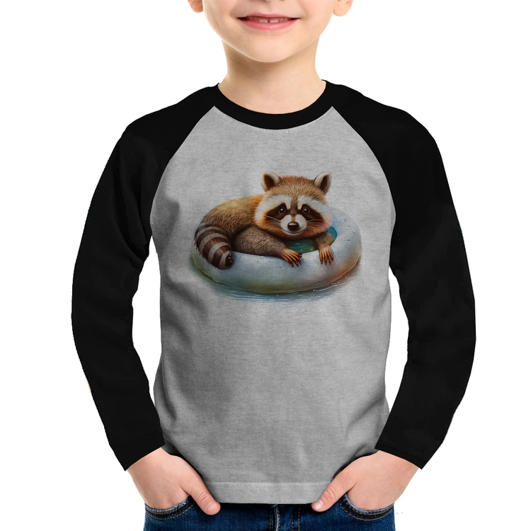 Camiseta Raglan Infantil Panda Vermelho Relaxando Na Piscina Manga Longa - Cinza/Preto