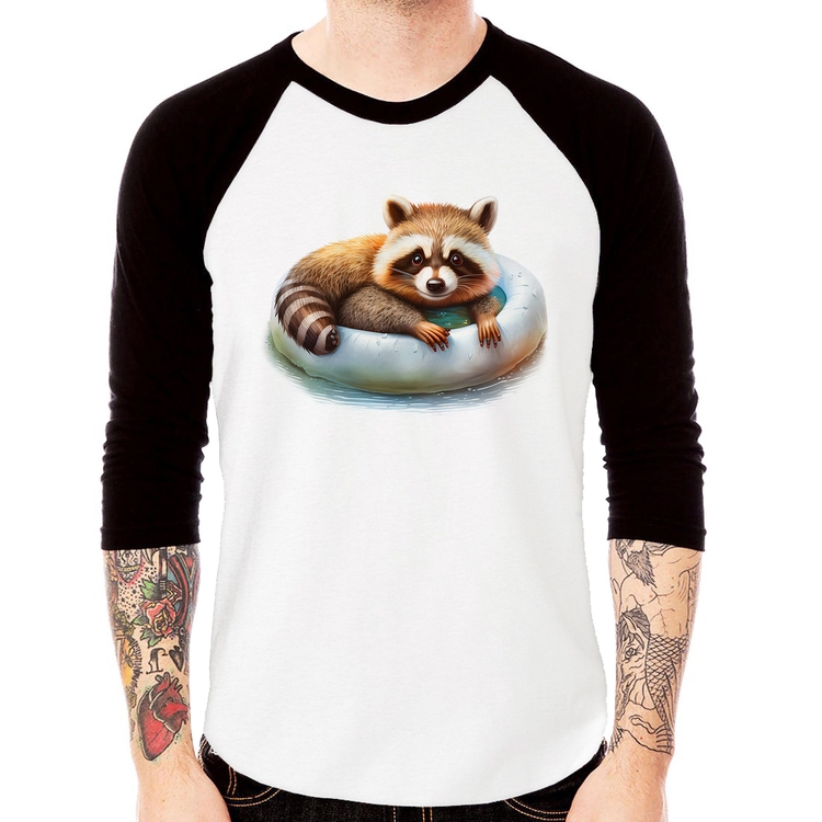Camiseta Raglan Panda Vermelho Relaxando Na Piscina Manga 3/4