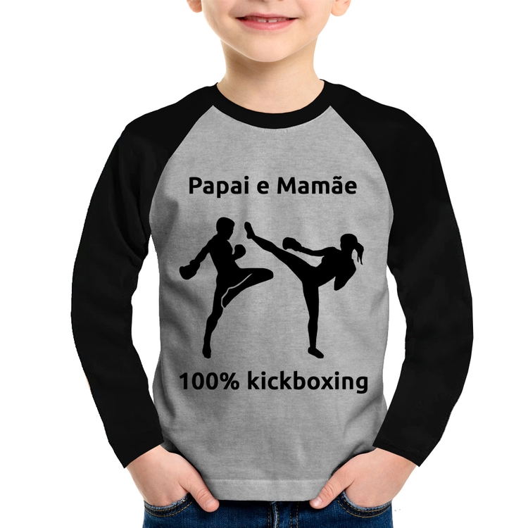 Camiseta Raglan Infantil Papai e Mamãe 100% Kickboxing Manga Longa - Cinza/Preto
