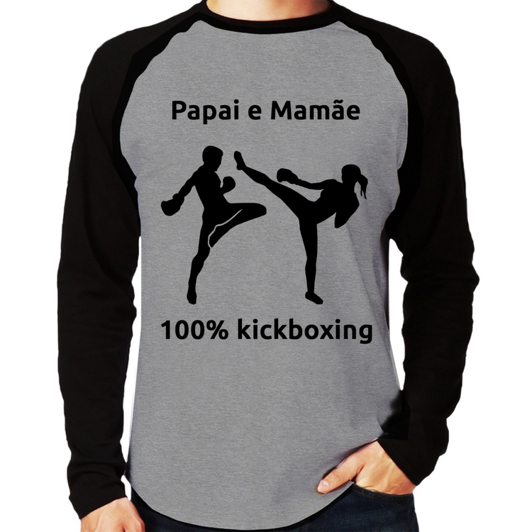Camiseta Raglan Papai e Mamãe 100% Kickboxing Manga Longa - Cinza/Preto