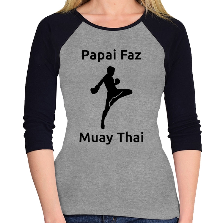 Baby Look Raglan Papai Faz Muay Thai Manga 3/4 - Cinza/Preto