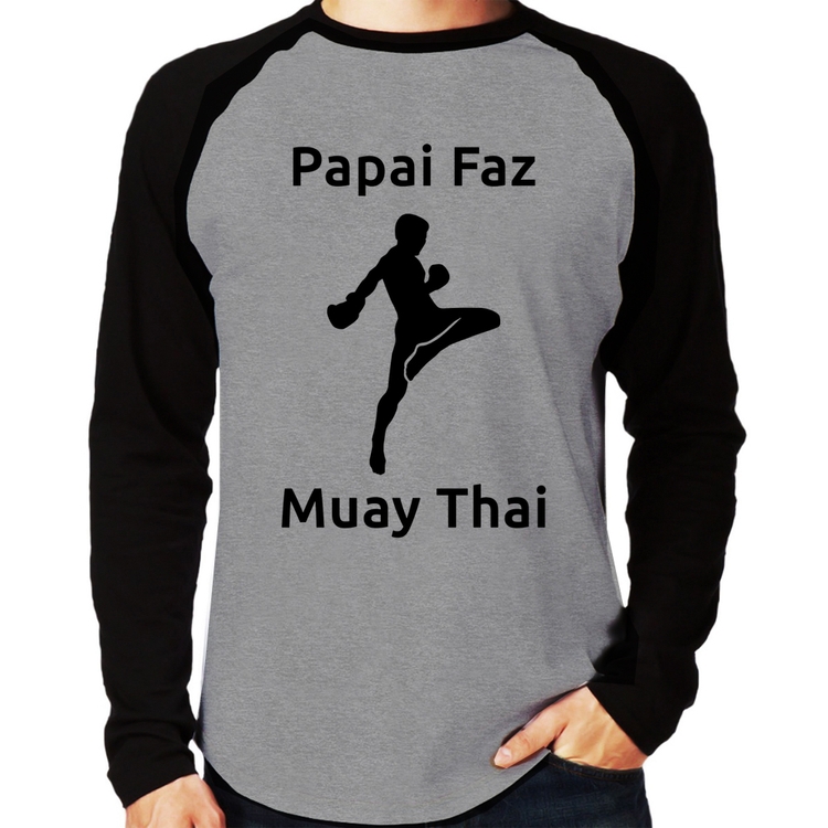 Camiseta Raglan Papai Faz Muay Thai Manga Longa - Cinza/Preto