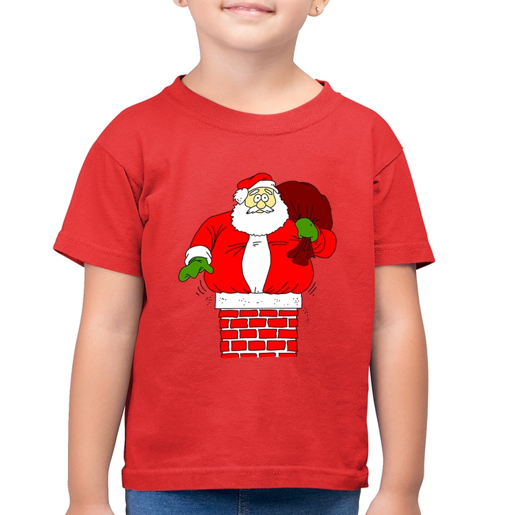 Camiseta Algodão Infantil Papai Noel Chaminé - Vermelha
