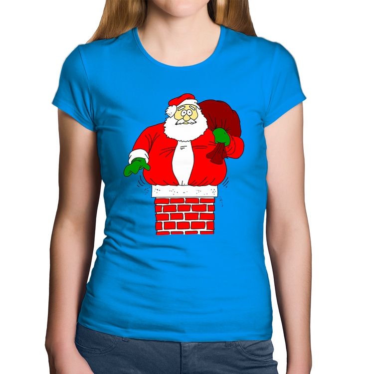 Baby Look Algodão Papai Noel Chaminé - Azul