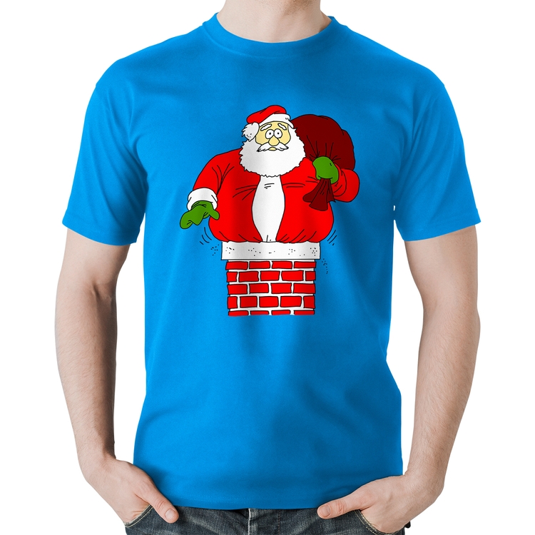 Camiseta Algodão Papai Noel Chaminé - Azul