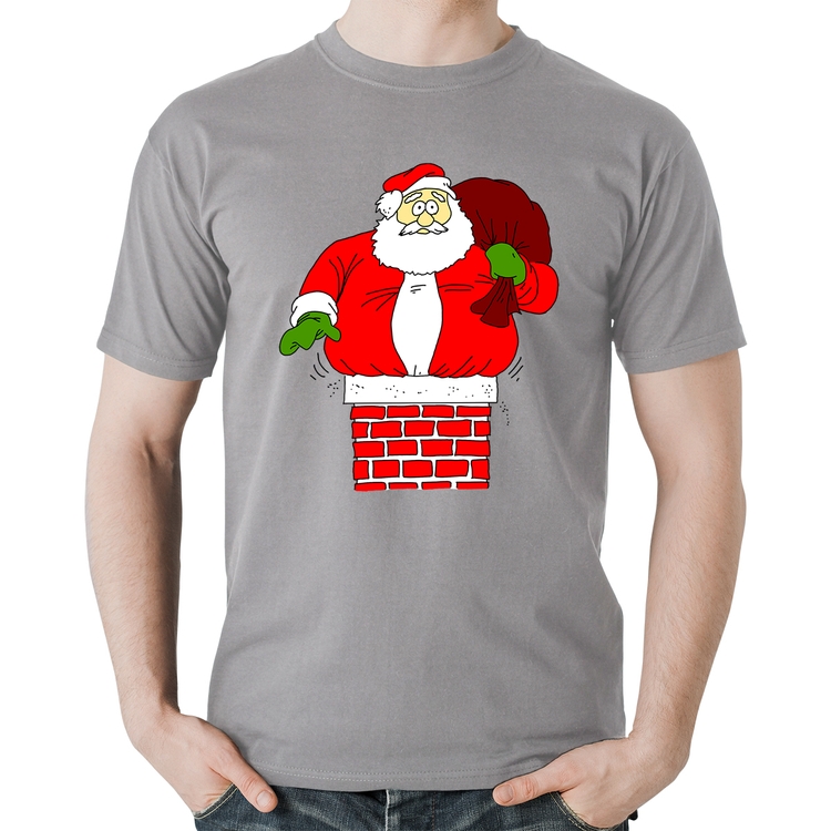 Camiseta Algodão Papai Noel Chaminé - Cinza
