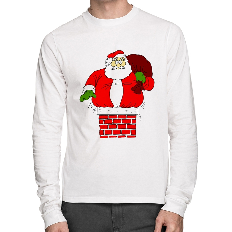 Camiseta Algodão Papai Noel Chaminé Manga Longa - Branca