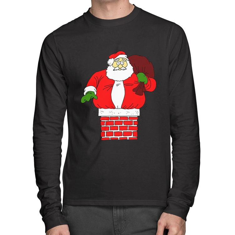 Camiseta Algodão Papai Noel Chaminé Manga Longa