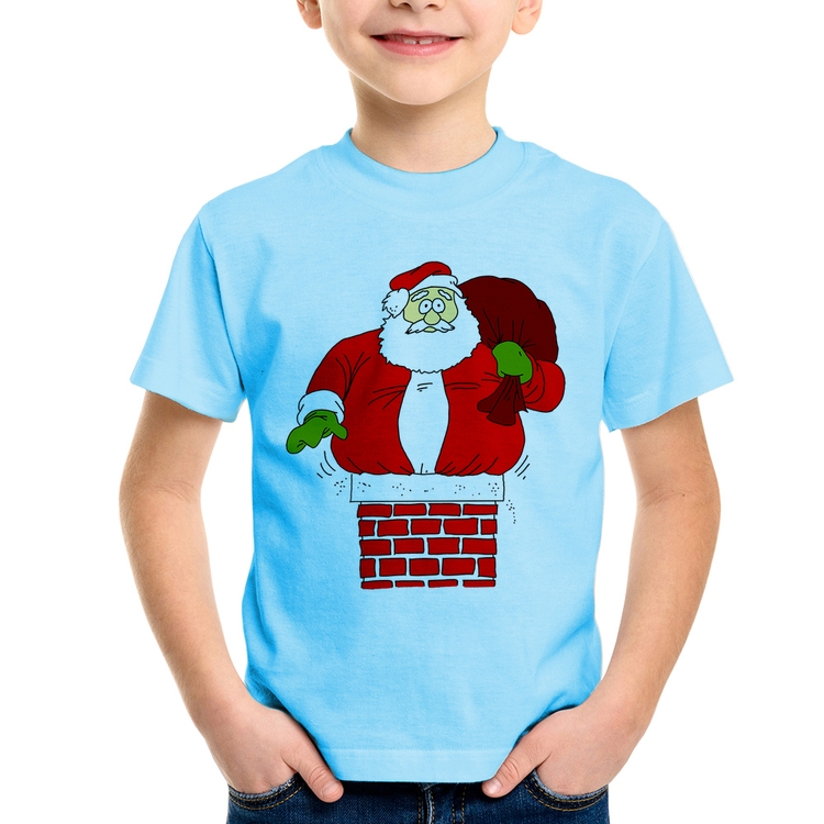 Camiseta Infantil Papai Noel Chaminé - Azul Bebê