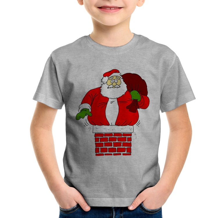 Camiseta Infantil Papai Noel Chaminé - Cinza