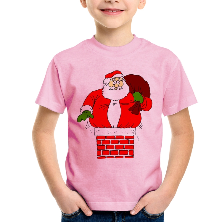 Camiseta Infantil Papai Noel Chaminé - Rosa Bebê