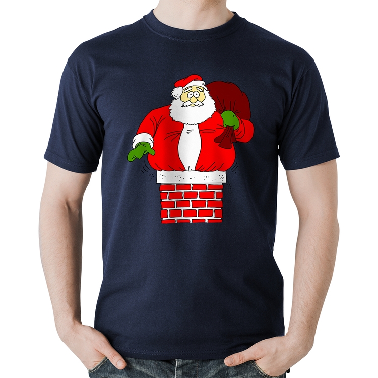 Camiseta Algodão Papai Noel Chaminé - Marinho